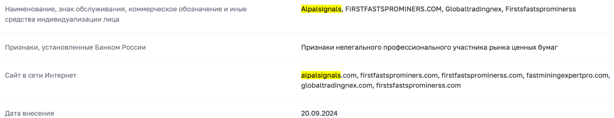 юридические данные Alpalsignals